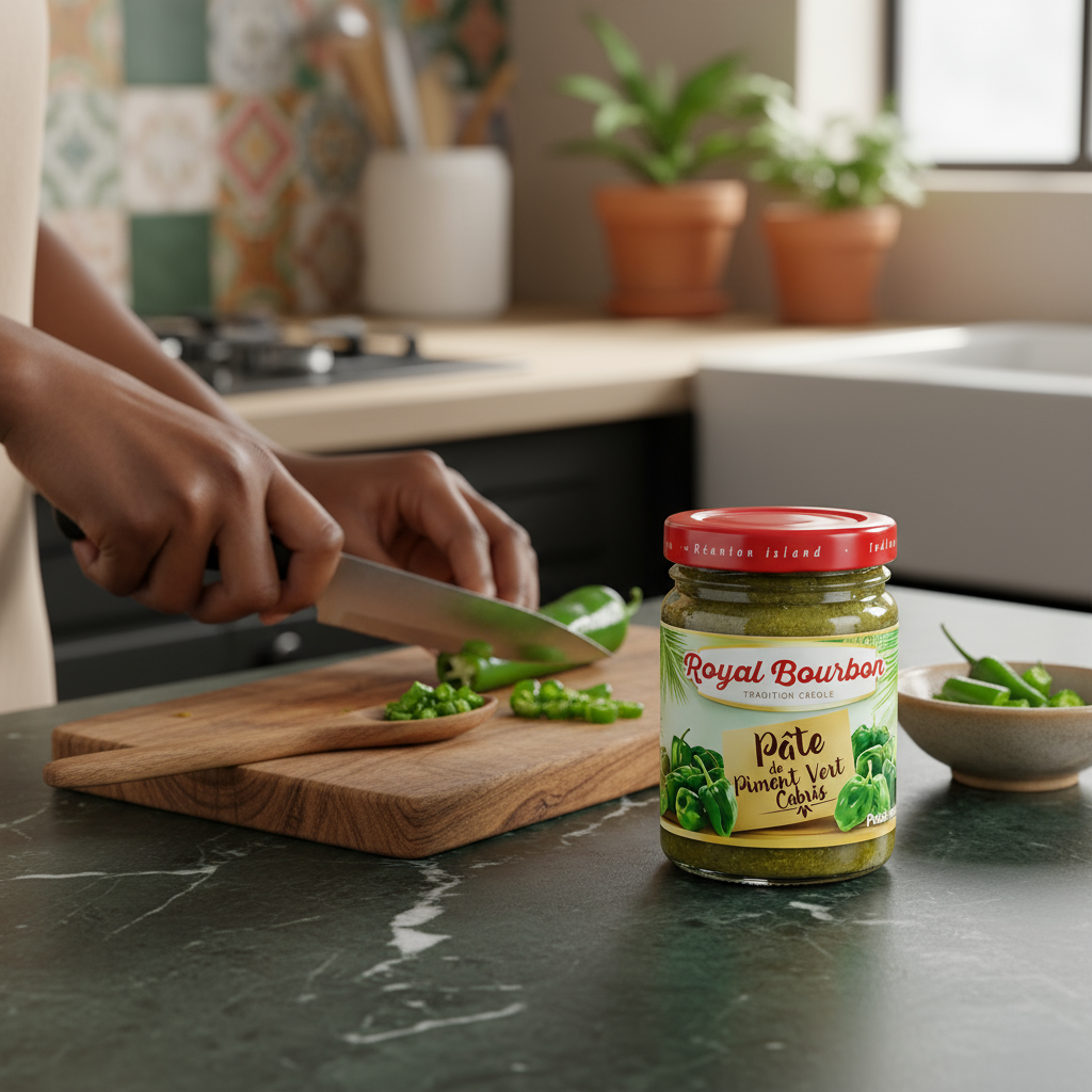 Pot de pâte de piment cabris vert Royal Bourbon sur plan de travail, utilisé pendant la préparation culinaire avec des piments frais tranchés.